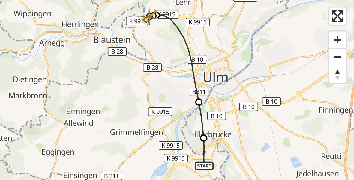 Flugroute Rettungshubschrauber Ulm - ADAC Air Rescue Station Ulm (Christoph 22), 30 Juli 2026, 17:13