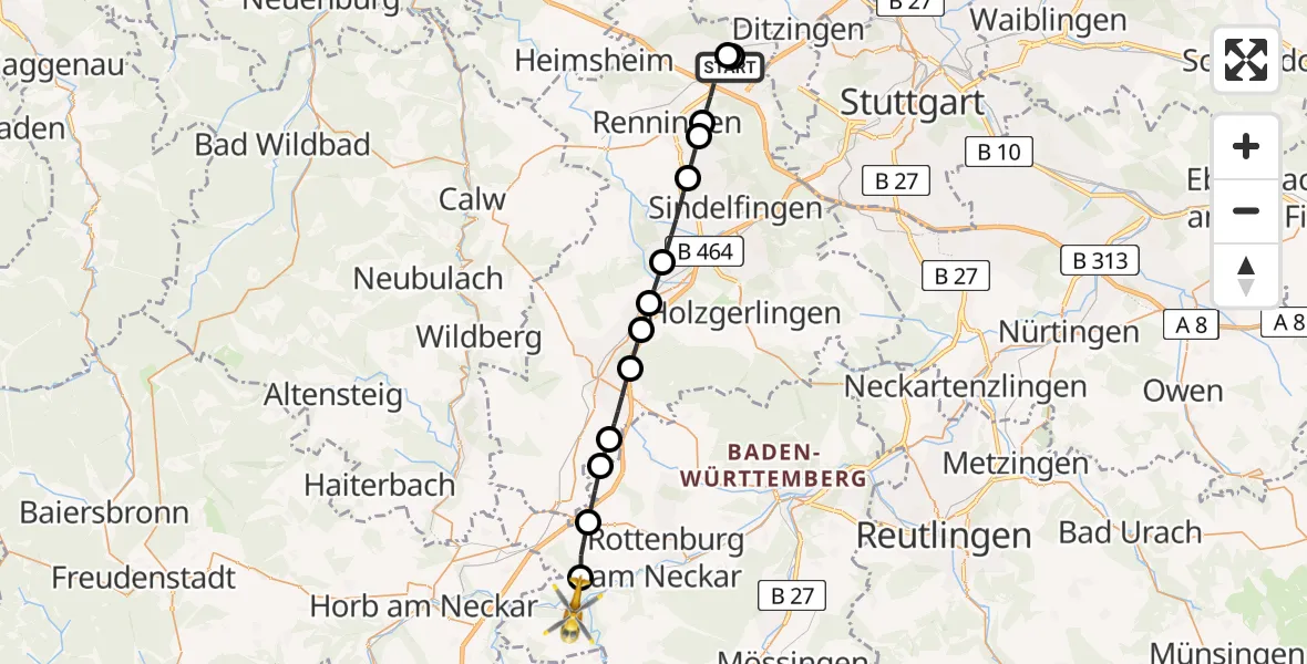 Flugroute Rettungshubschrauber Leonberg Hospital - Starzach, 30 Juli 2026, 17:23