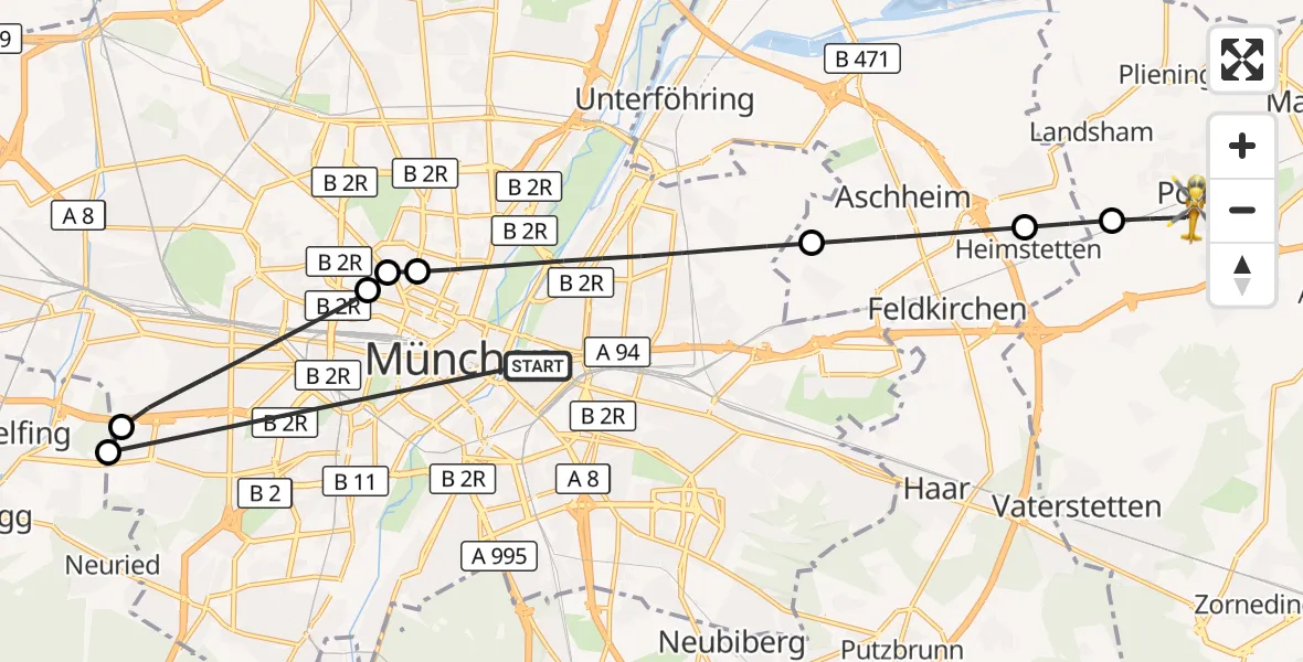 Flugroute Rettungshubschrauber Rechts der Isar University Hospital - Poing, 30 Juli 2026, 17:24
