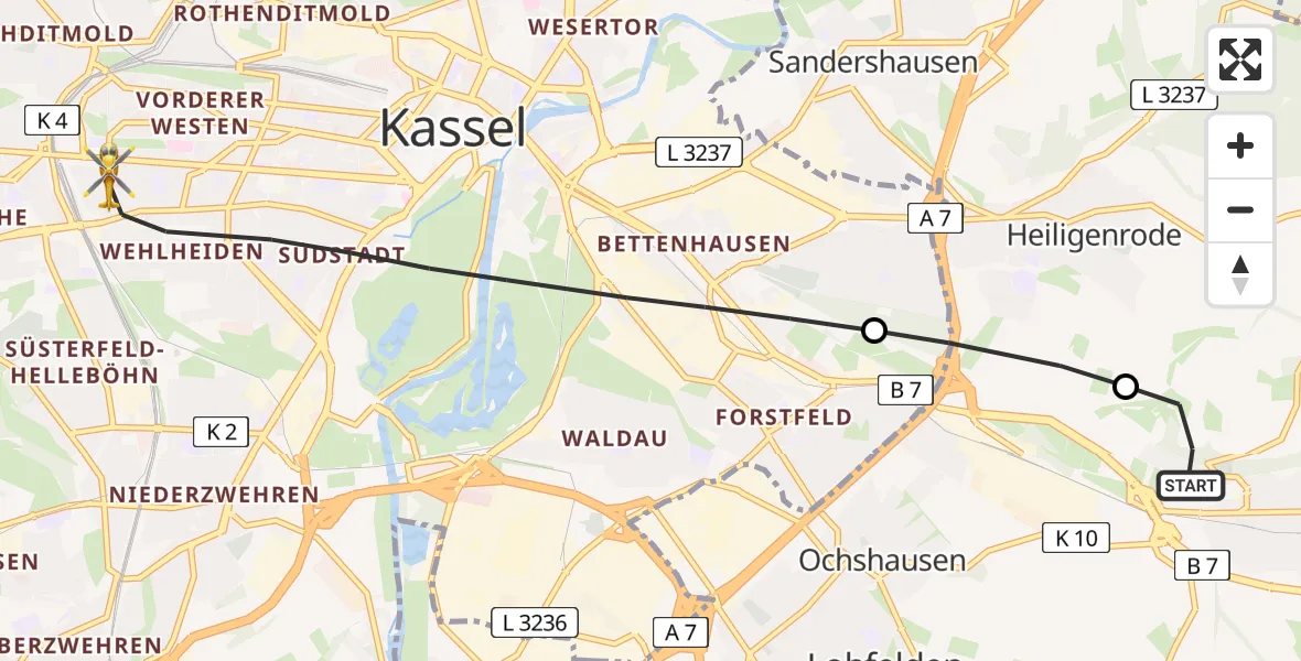 Flugroute Rettungshubschrauber Kaufungen - Kassel, 30 Juli 2026, 17:31