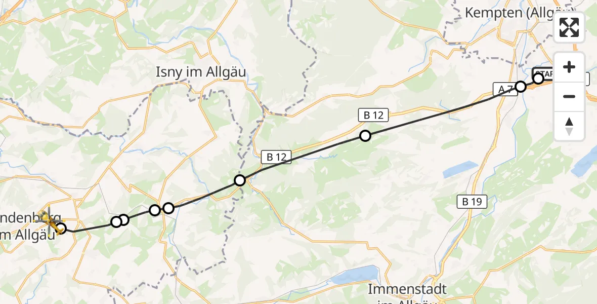 Flugroute Rettungshubschrauber Kempten-Durach Flugplatz - Lindenberg i.Allgäu, 30 Juli 2026, 17:39