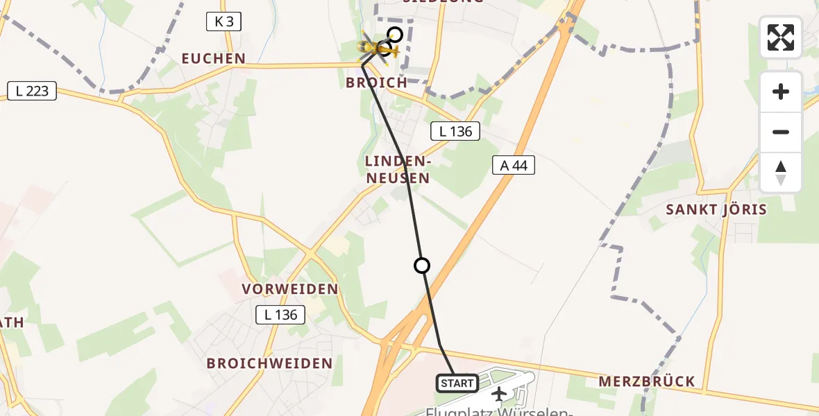 Flugroute Rettungshubschrauber Aachen-Merzbrück Flughafen - Würselen, 30 Juli 2026, 17:40