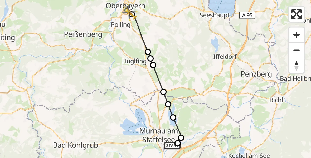Flugroute Rettungshubschrauber Murnau a.Staffelsee - Weilheim Rettungshubschrauberlandeplatz, 30 Juli 2026, 17:43