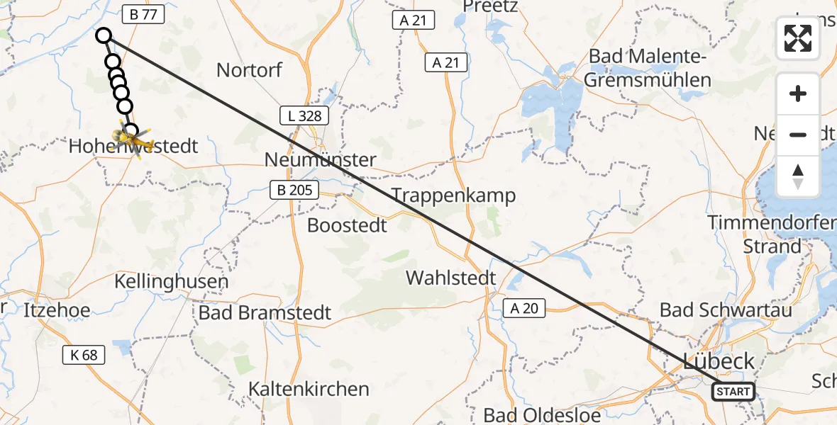 Flugroute Ambulanzhubschrauber Lübeck - Hohenwestedt, 30 Juli 2026, 17:46