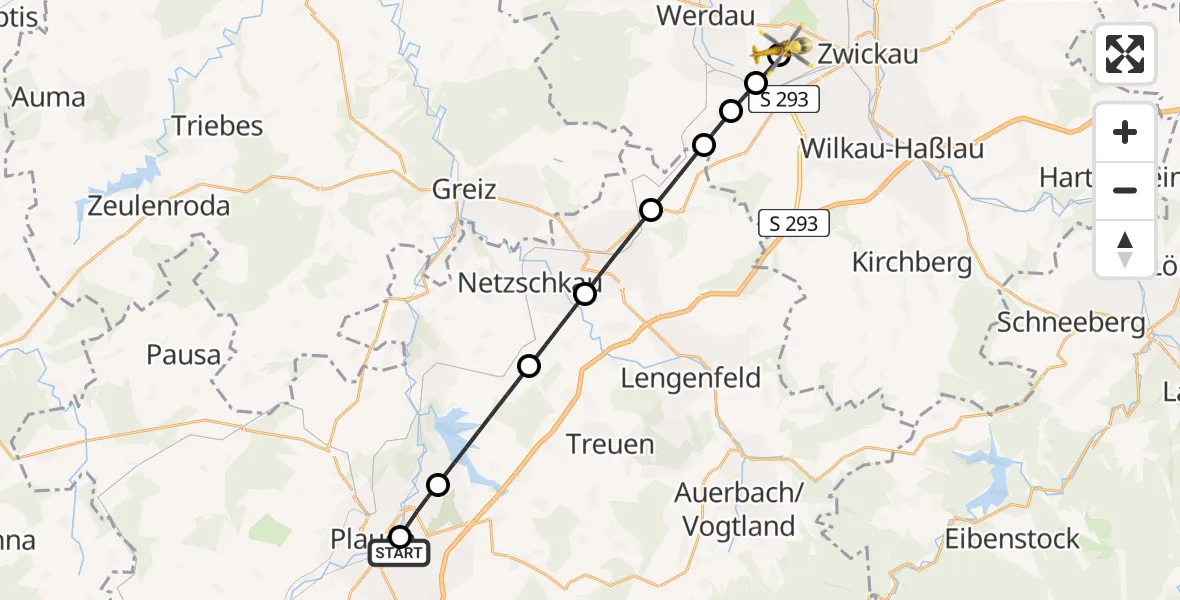 Flugroute Rettungshubschrauber Helios Clinic Plauen - ADAC Air Rescue Station Zwickau Hubschrauberlandeplatz, 30 Juli 2026, 17:49