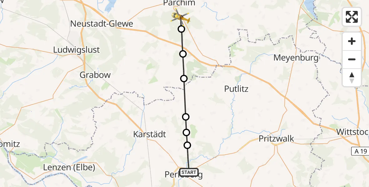 Flugroute Rettungshubschrauber Perleberg - Parchim, 30 Juli 2026, 17:58