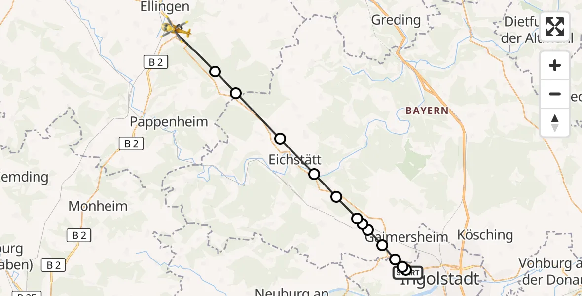 Flugroute Rettungshubschrauber Ingolstadt Hospital - Weißenburg i.Bay., 30 Juli 2026, 18:04