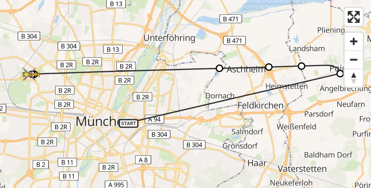 Flugroute Rettungshubschrauber Rechts der Isar University Hospital - Dritter Orden University Hospital, 30 Juli 2026, 18:06