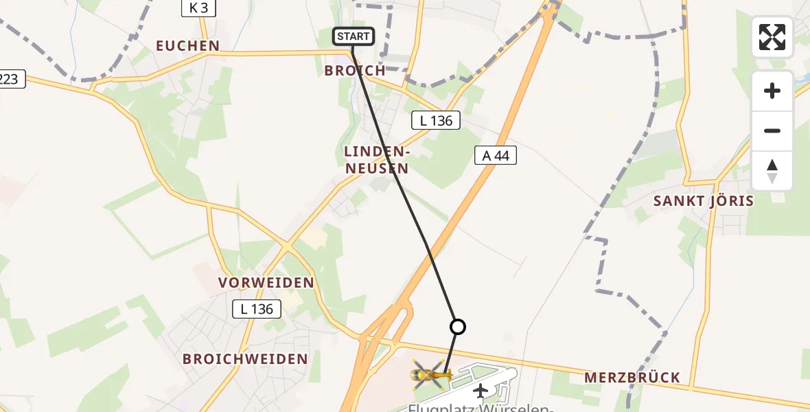 Flugroute Rettungshubschrauber Würselen - Aachen-Merzbrück Flughafen, 30 Juli 2026, 18:06