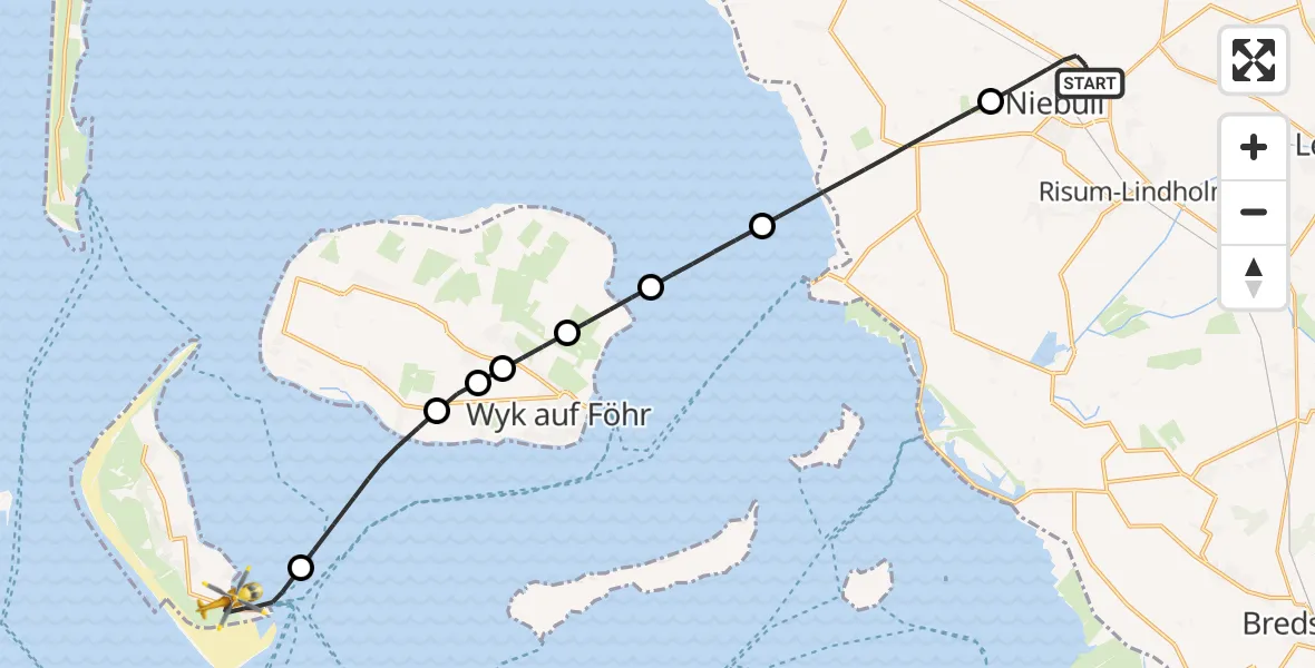 Flugroute Ambulanzhubschrauber Niebüll - Wittdün auf Amrum, 30 Juli 2026, 18:06