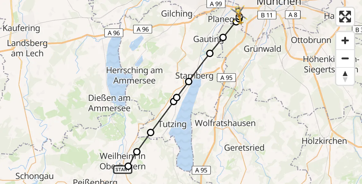 Flugroute Rettungshubschrauber Weilheim Rettungshubschrauberlandeplatz - DRF Air Rescue München Hubschrauberlandeplatz, 30 Juli 2026, 18:07