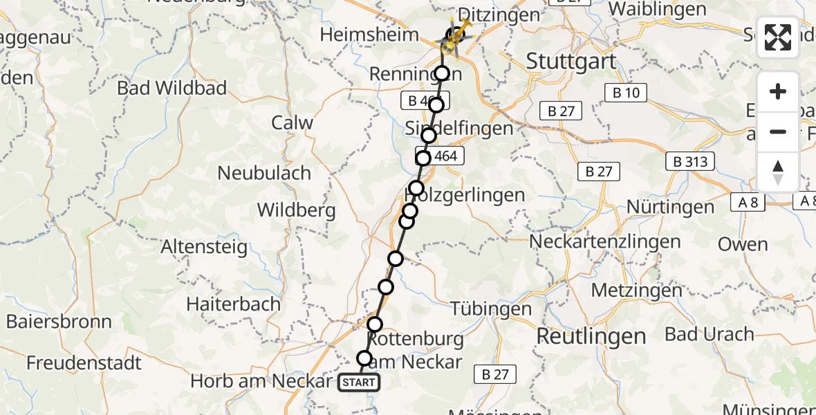 Flugroute Rettungshubschrauber Rottenburg am Neckar - Leonberg Hospital, 30 Juli 2026, 18:12
