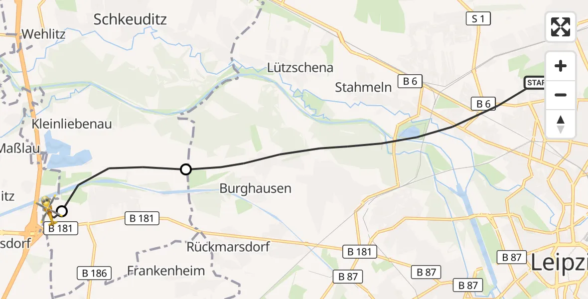 Flugroute Rettungshubschrauber Leipzig - ADAC Air Rescue Station Leipzig/Schkeuditz-Dölzig Hubschrauberlandeplatz (Christoph 61), 30 Juli 2026, 18:13