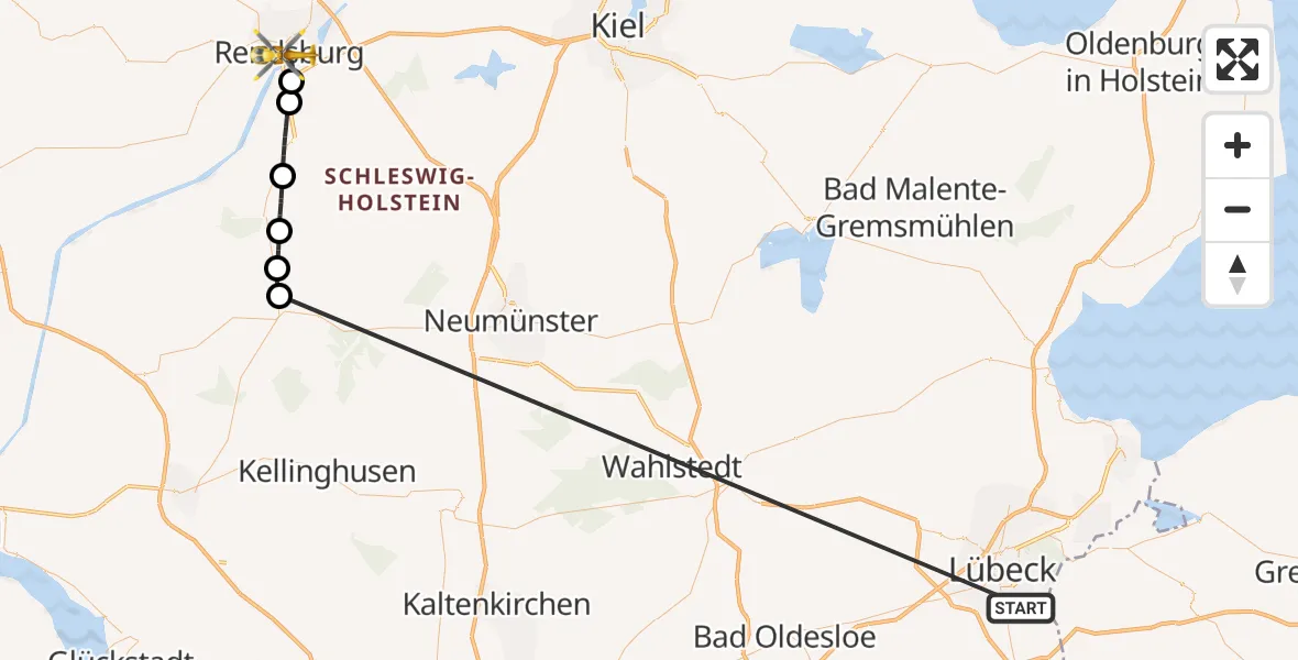Flugroute Ambulanzhubschrauber Lübeck - Rendsburg, 30 Juli 2026, 18:16