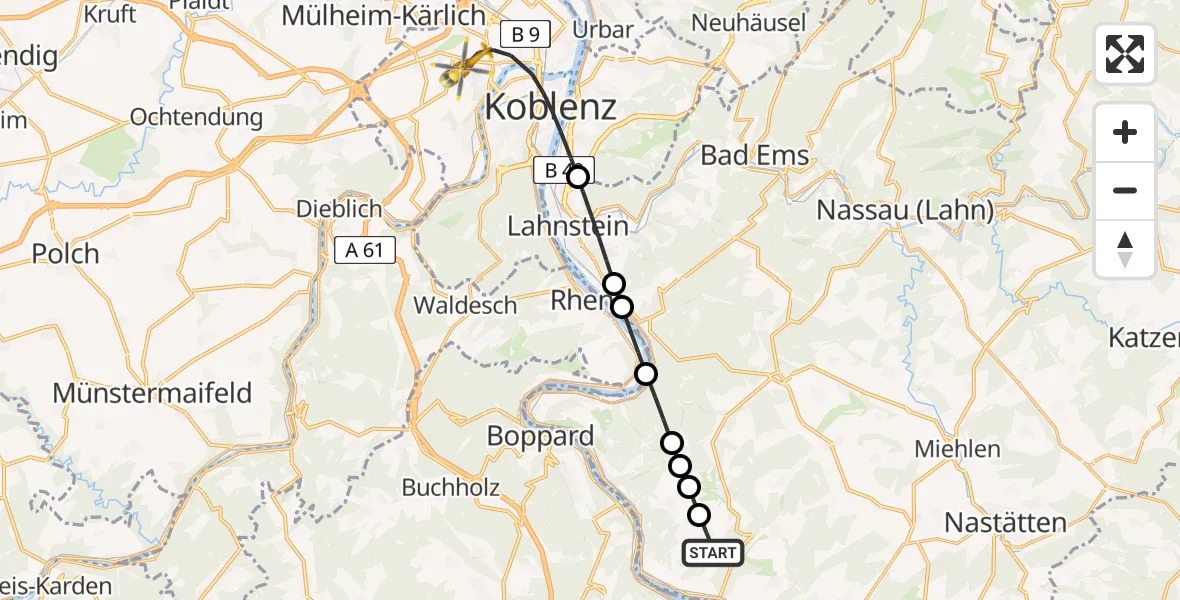 Flugroute Rettungshubschrauber Prath - Koblenz, 30 Juli 2026, 18:24