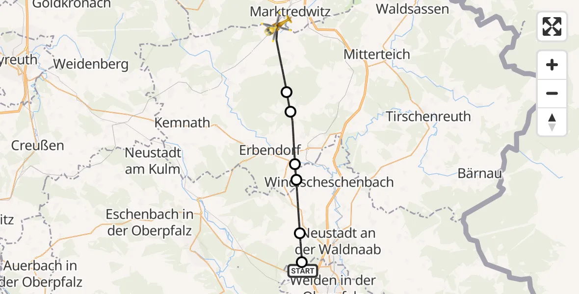Flugroute Ambulanzhubschrauber Weiden i.d.OPf. - Waldershof, 30 Juli 2026, 18:26