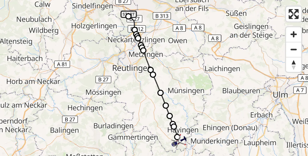Flugroute Polizeihubschrauber Flughafen Stuttgart - Zwiefalten, 30 Juli 2026, 18:28