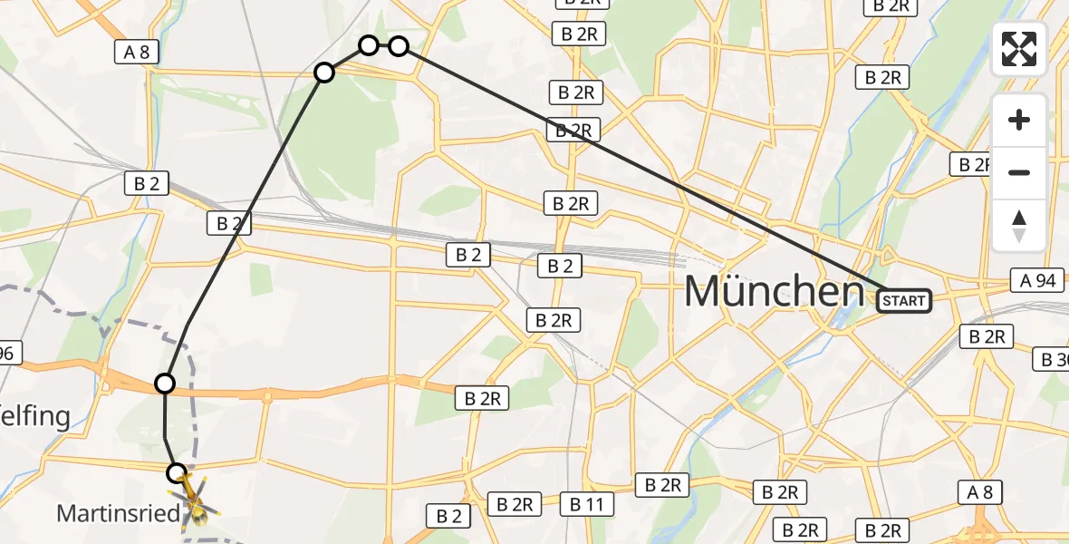 Flugroute Rettungshubschrauber Rechts der Isar University Hospital - DRF Air Rescue München Hubschrauberlandeplatz, 30 Juli 2026, 18:30