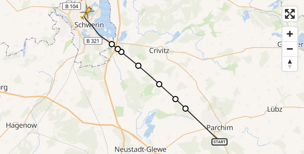 Flugroute Rettungshubschrauber Parchim - Schwerin, 30 Juli 2026, 18:35