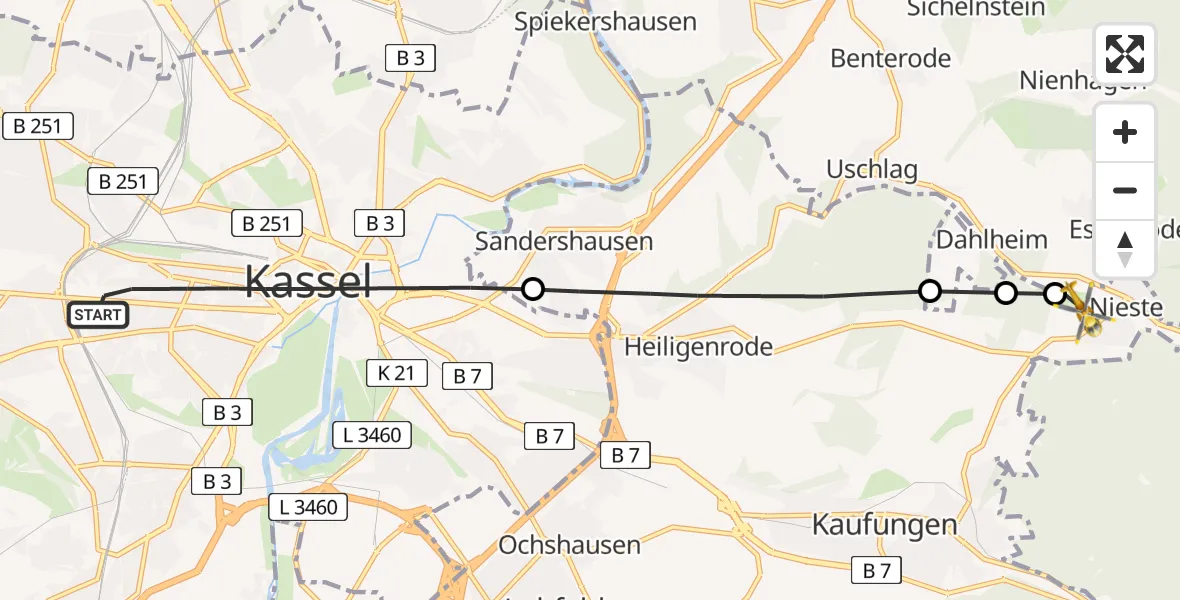 Flugroute Rettungshubschrauber Kassel - Staufenberg, 30 Juli 2026, 18:39