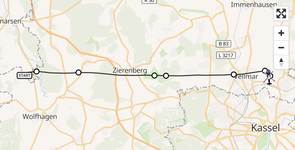 Flugroute Polizeihubschrauber Volkmarsen - Fuldatal Bundespolizei Hubschrauberlandeplatz, 30 Juli 2026, 18:51
