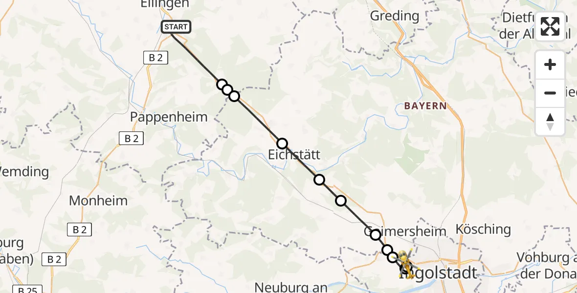 Flugroute Rettungshubschrauber Weißenburg i.Bay. - Ingolstadt Hospital, 30 Juli 2026, 18:51