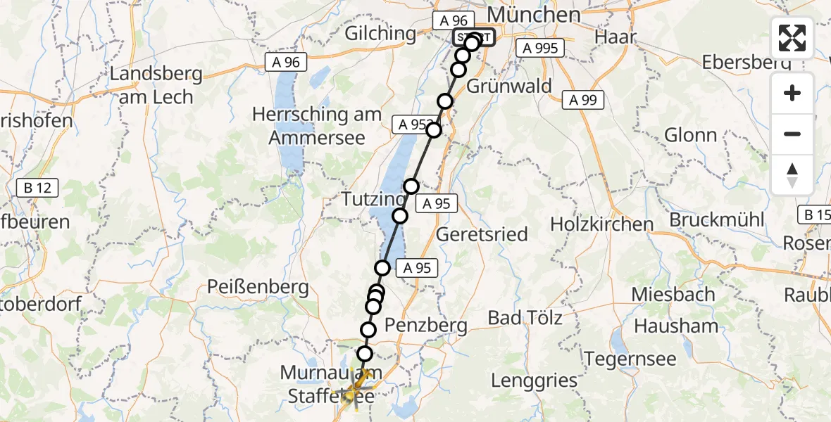 Flugroute Rettungshubschrauber DRF Air Rescue München Hubschrauberlandeplatz - Riegsee, 30 Juli 2026, 18:56