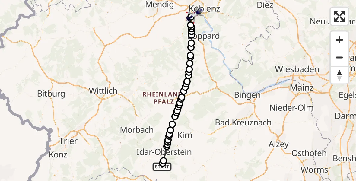 Flugroute Polizeihubschrauber Baumholder Armee Flugfeld - Koblenz-Winningen Flugplatz, 30 Juli 2026, 18:57