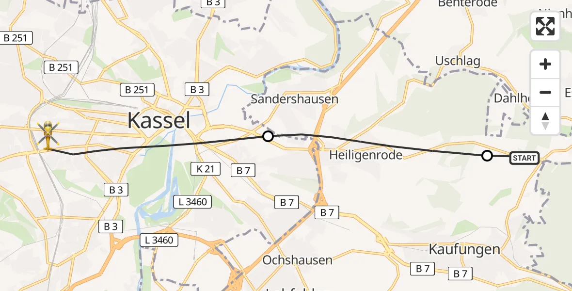 Flugroute Rettungshubschrauber Nieste - Kassel, 30 Juli 2026, 19:01