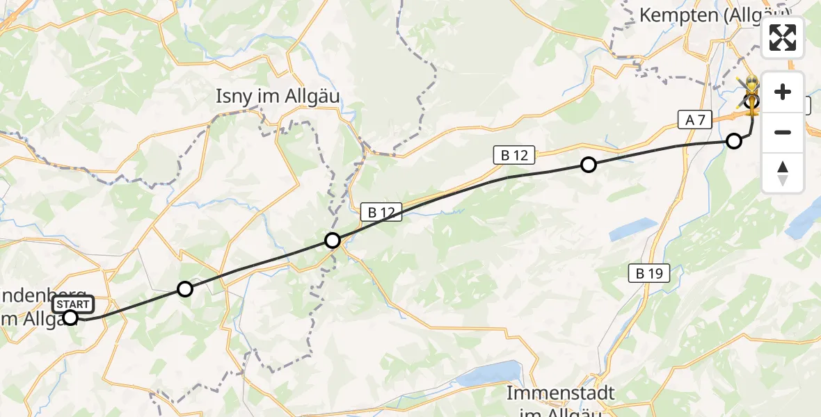 Flugroute Rettungshubschrauber Lindenberg i.Allgäu - Kempten-Durach Flugplatz, 30 Juli 2026, 19:05