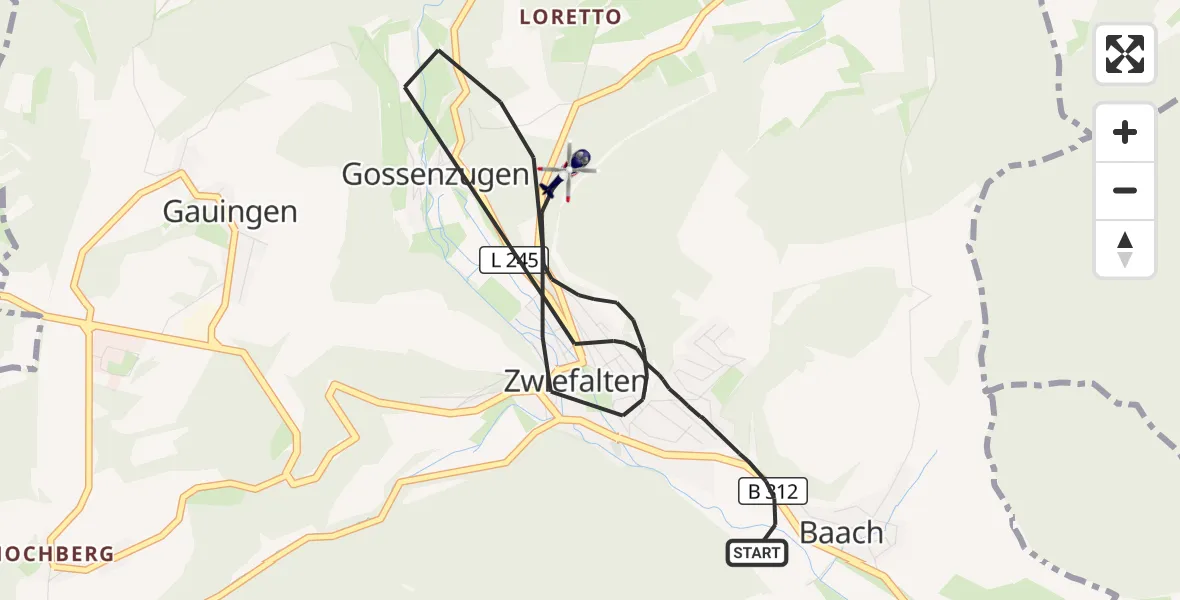 Flugroute Polizeihubschrauber Zwiefalten - Zwiefalten, 30 Juli 2026, 19:09
