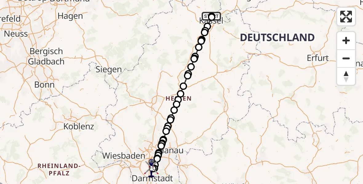 Flugroute Polizeihubschrauber Fuldatal Bundespolizei Hubschrauberlandeplatz - Flughafen Frankfurt-Egelsbach, 30 Juli 2026, 19:23