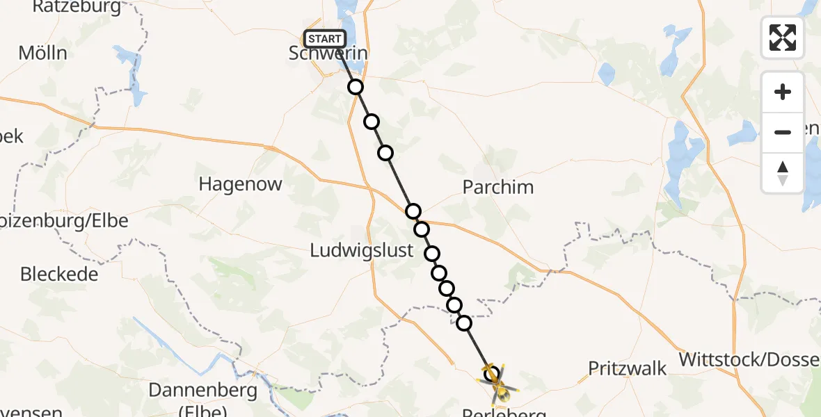 Flugroute Rettungshubschrauber Schwerin - Perleberg, 30 Juli 2026, 19:25