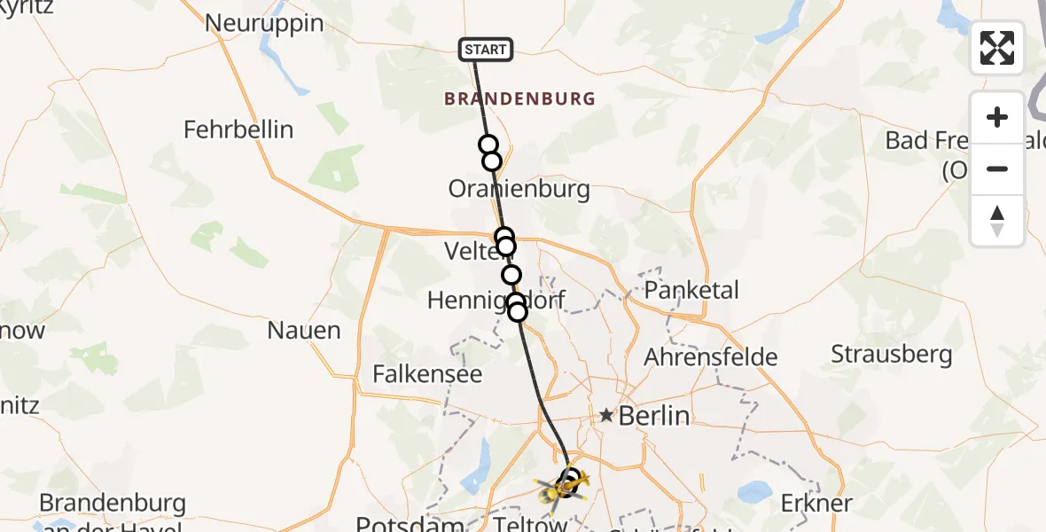 Flugroute Rettungshubschrauber Löwenberger Land - Charité Clinic Benjamin Franklin Campus, 30 Juli 2026, 19:35