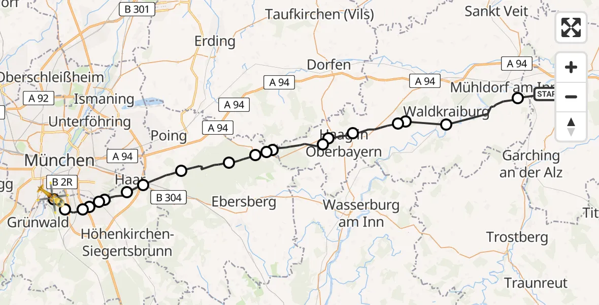 Flugroute Rettungshubschrauber Teising - ADAC Air Rescue Center Hubschrauberlandeplatz (Christoph 1), 30 Juli 2026, 19:37