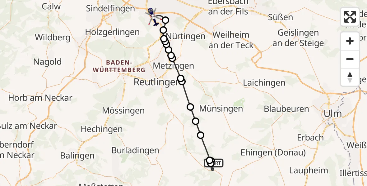 Flugroute Polizeihubschrauber Zwiefalten - Flughafen Stuttgart, 30 Juli 2026, 19:40