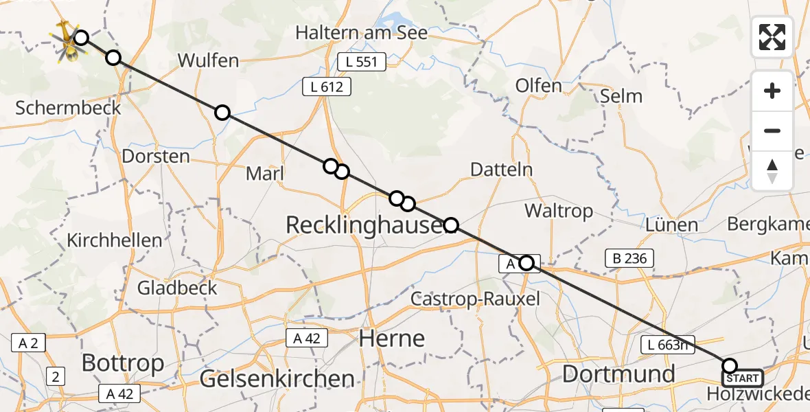 Flugroute Rettungshubschrauber Dortmund Flughafen - Raesfeld, 30 Juli 2026, 19:46