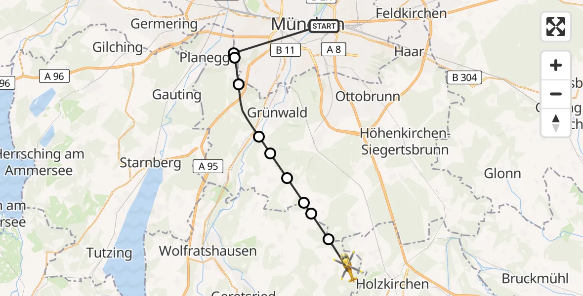 Flugroute Rettungshubschrauber Rechts der Isar University Hospital - Dietramszell, 30 Juli 2026, 19:48