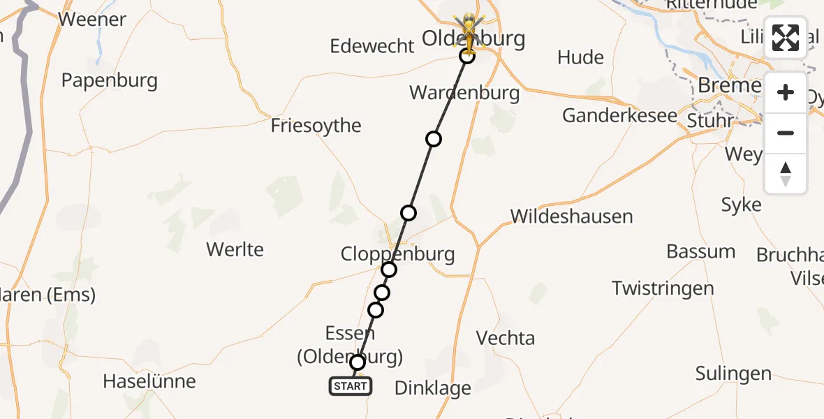 Flugroute Ambulanzhubschrauber Quakenbrück - Oldenburg (Oldb), 30 Juli 2026, 19:51