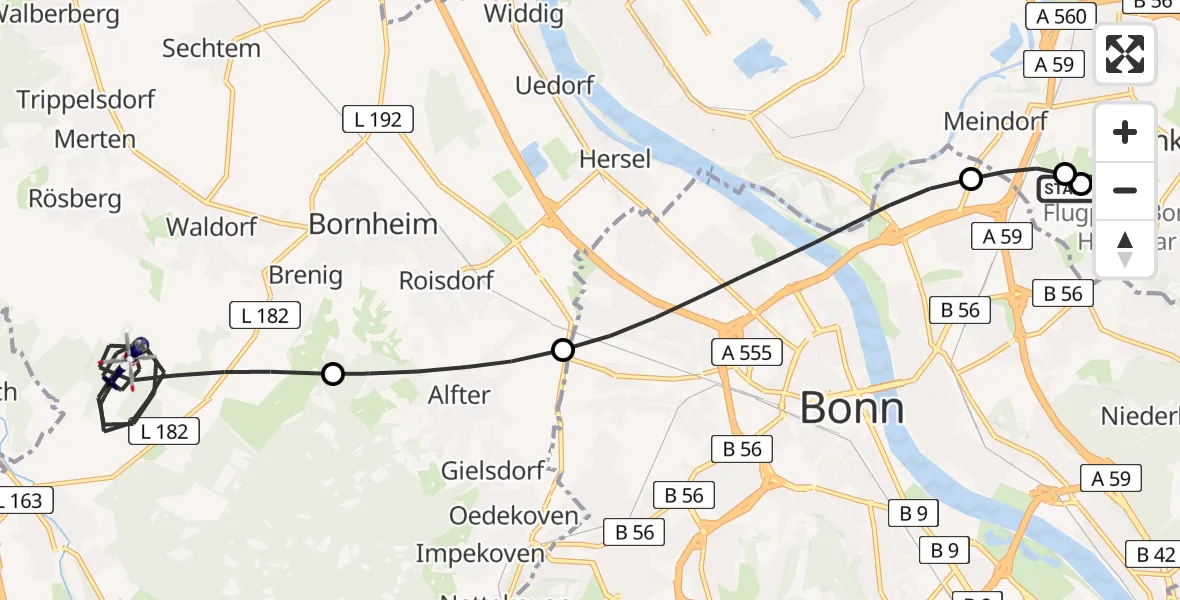 Flugroute Polizeihubschrauber Sankt Augustin - Bornheim, 30 Juli 2026, 19:57