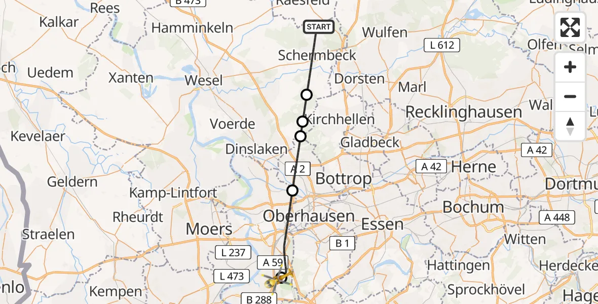 Flugroute Rettungshubschrauber Schermbeck - Duisburg Air Rescue Hubschrauberlandeplatz (Christoph 9), 30 Juli 2026, 20:38