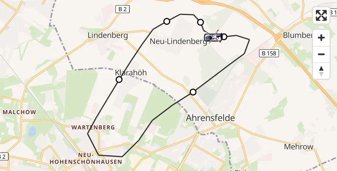 Flugroute Polizeihubschrauber Ahrensfelde Hubschrauberlandeplatz - Ahrensfelde Hubschrauberlandeplatz, 30 Juli 2026, 20:43