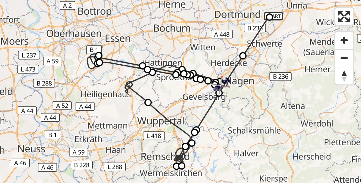 Flugroute Polizeihubschrauber Dortmund Flughafen - Hagen, 30 Juli 2026, 20:52
