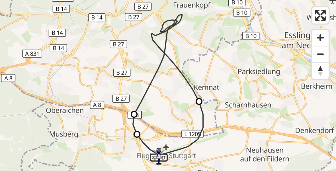 Flugroute Polizeihubschrauber Flughafen Stuttgart - Flughafen Stuttgart, 30 Juli 2026, 21:02