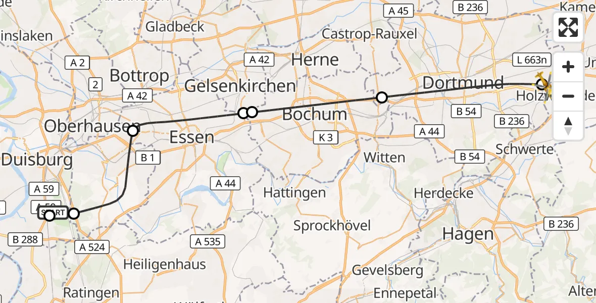 Flugroute Rettungshubschrauber Duisburg Air Rescue Hubschrauberlandeplatz (Christoph 9) - Dortmund Flughafen, 30 Juli 2026, 21:20