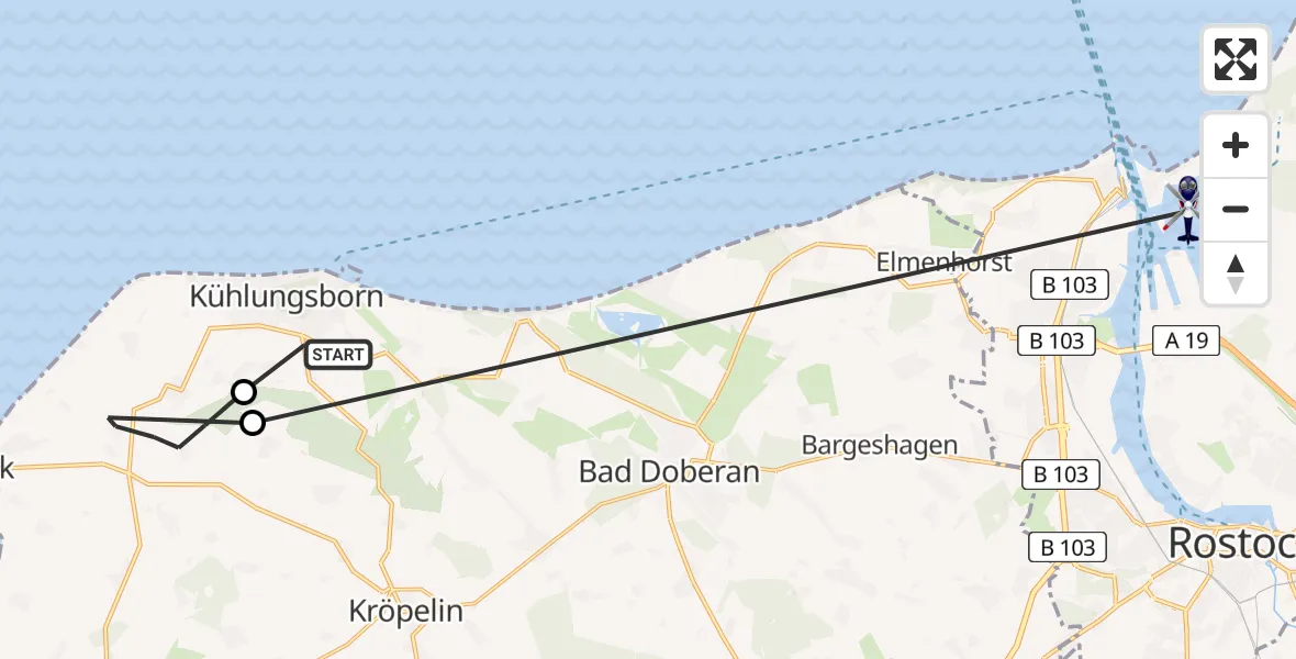 Flugroute Polizeihubschrauber Kühlungsborn - Rostock, 30 Juli 2026, 21:27
