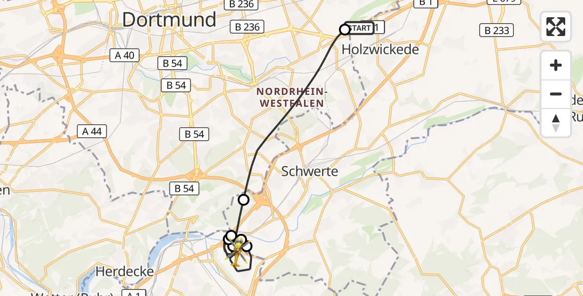 Flugroute Rettungshubschrauber Dortmund Flughafen - Hagen, 30 Juli 2026, 21:45
