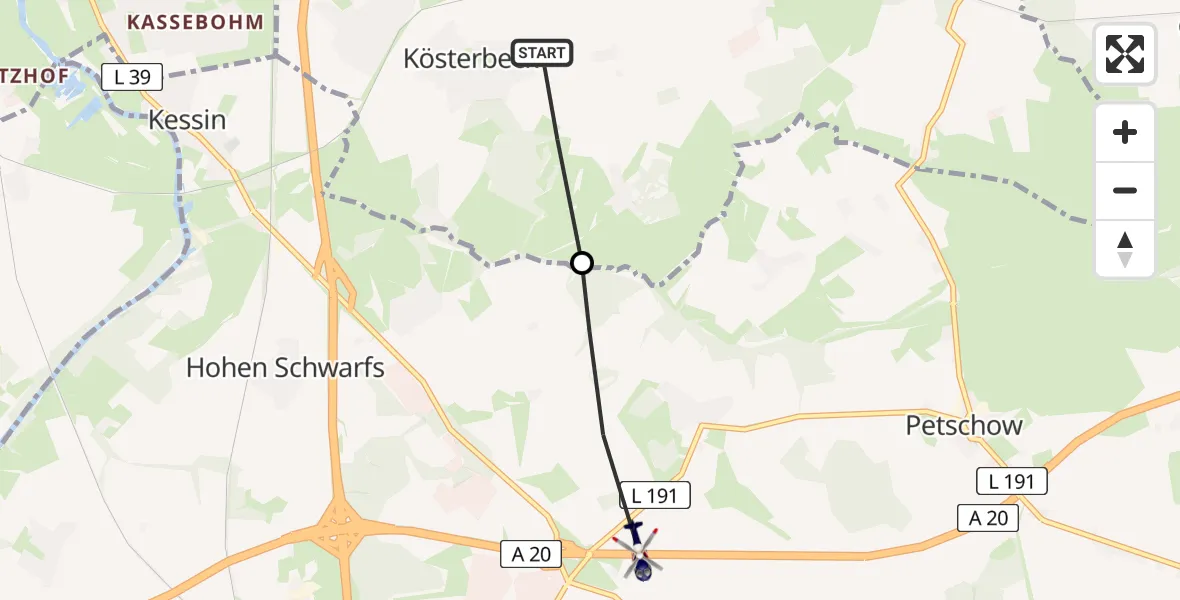 Flugroute Polizeihubschrauber Roggentin - Dummerstorf, 30 Juli 2026, 21:50