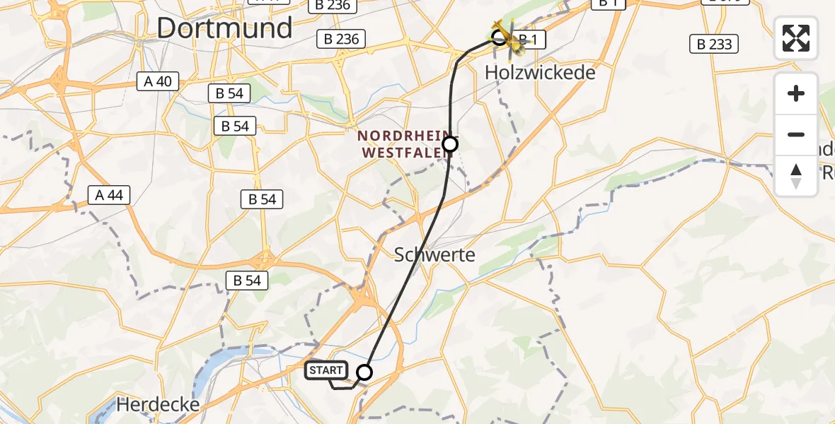 Flugroute Rettungshubschrauber Hagen - Dortmund Flughafen, 30 Juli 2026, 22:19
