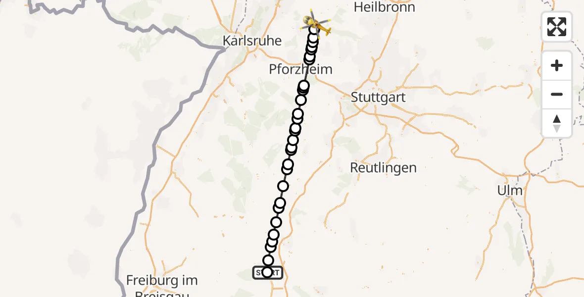 Flugroute Ambulanzhubschrauber DRF Air Rescue Station Villingen-Schwenningen Hubschrauberlandeplatz (Christoph 11) - Oberderdingen, 30 Juli 2026, 22:20